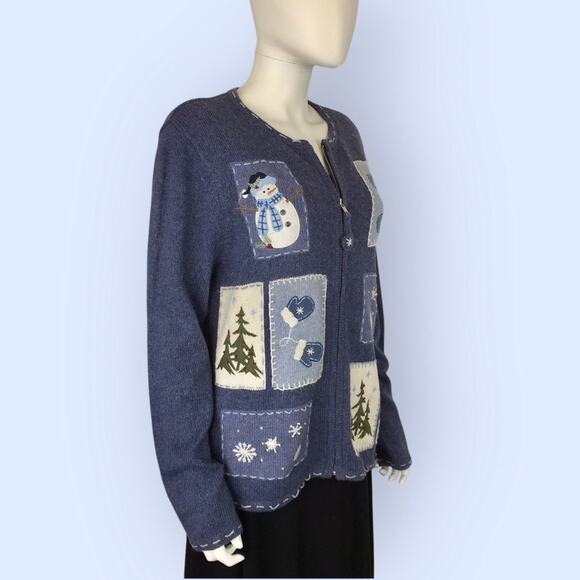 Croft & Barrow Blue Christmas Cardigan Patchwork Full Zip Sweater Snowman - Picture 4 of 11